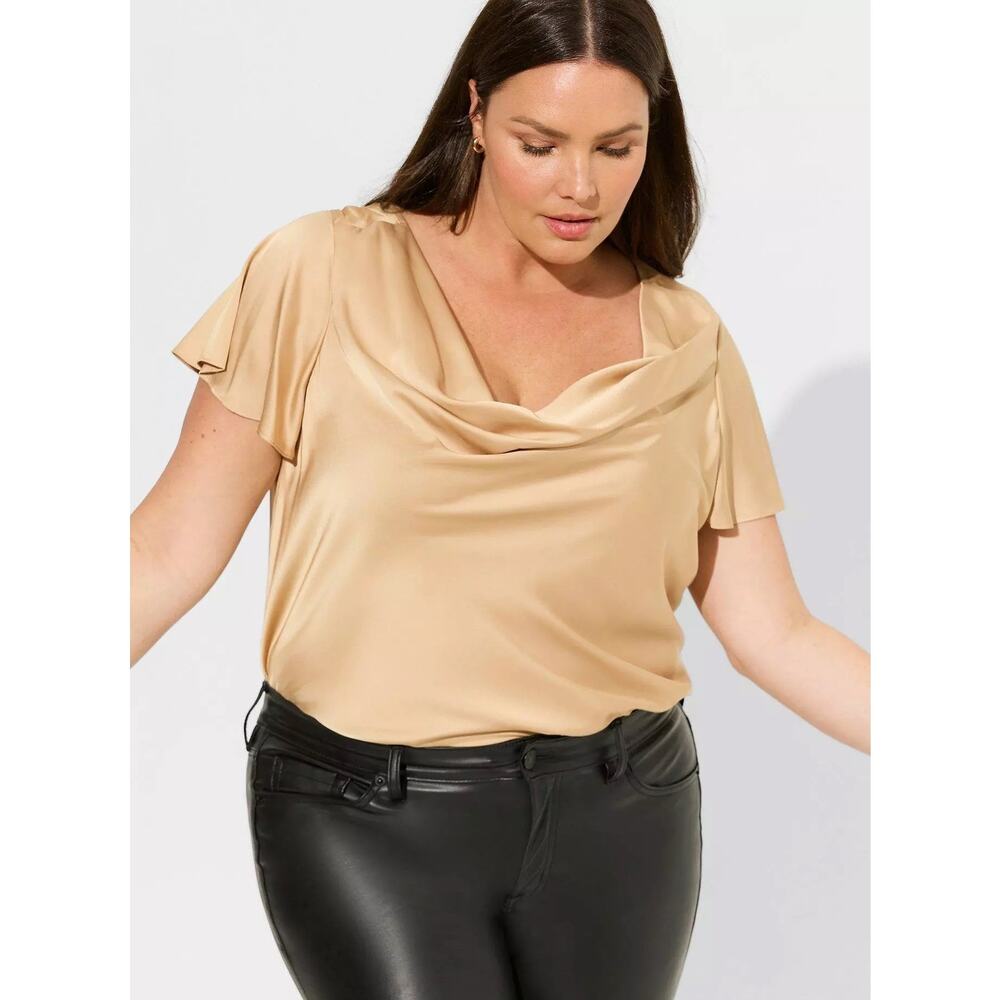 NWT Torrid Satin Cowl Neck Short Sleeve Blouse Size 4X Drape Tan Gold